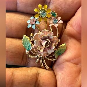 Vintage Floral Enamel and Rhinestone Brooch Pin with Pink and Blue Accents